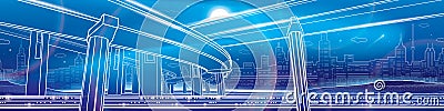 Neon glow city illustration. Transportation overpass bridge, urban infrastructure panorama, modern town at background, vector desi Vector Illustration